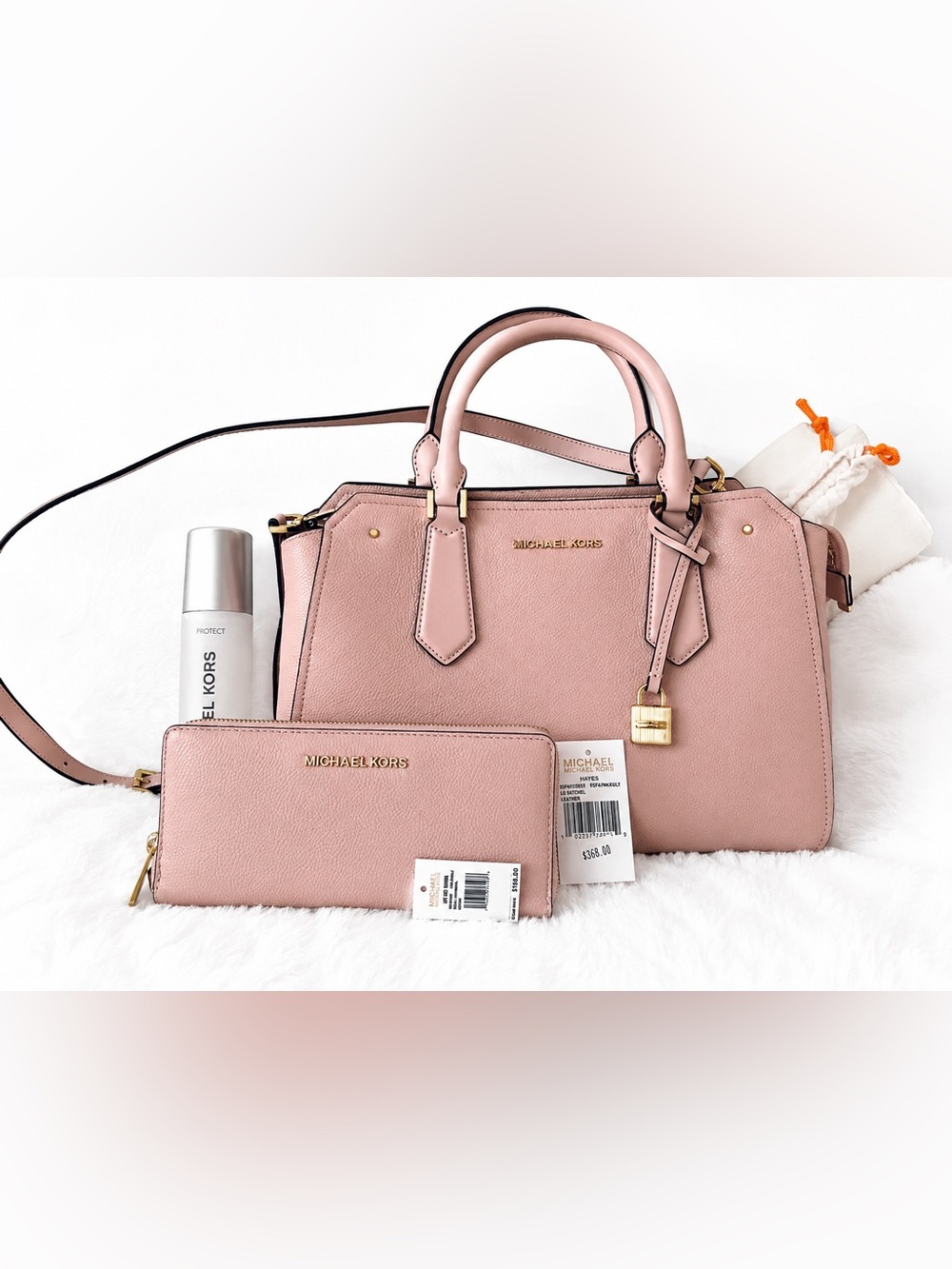 Michael Kors Hayes Large Satchel + Jet Set Travel Wallet Set Pink Leather Bundle